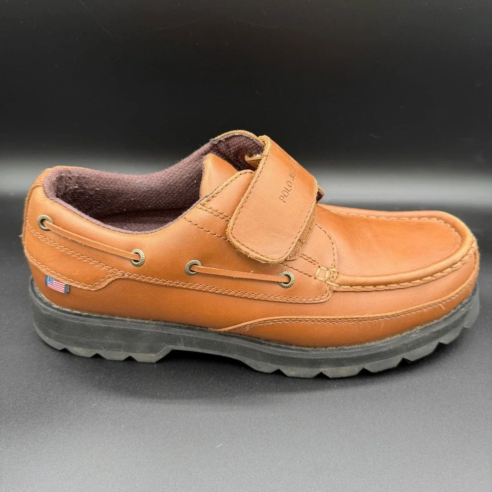 Polo Jeans Co Ralph Lauren Mens 11D Tan Leather Boat Shoes Hook Loop Strap